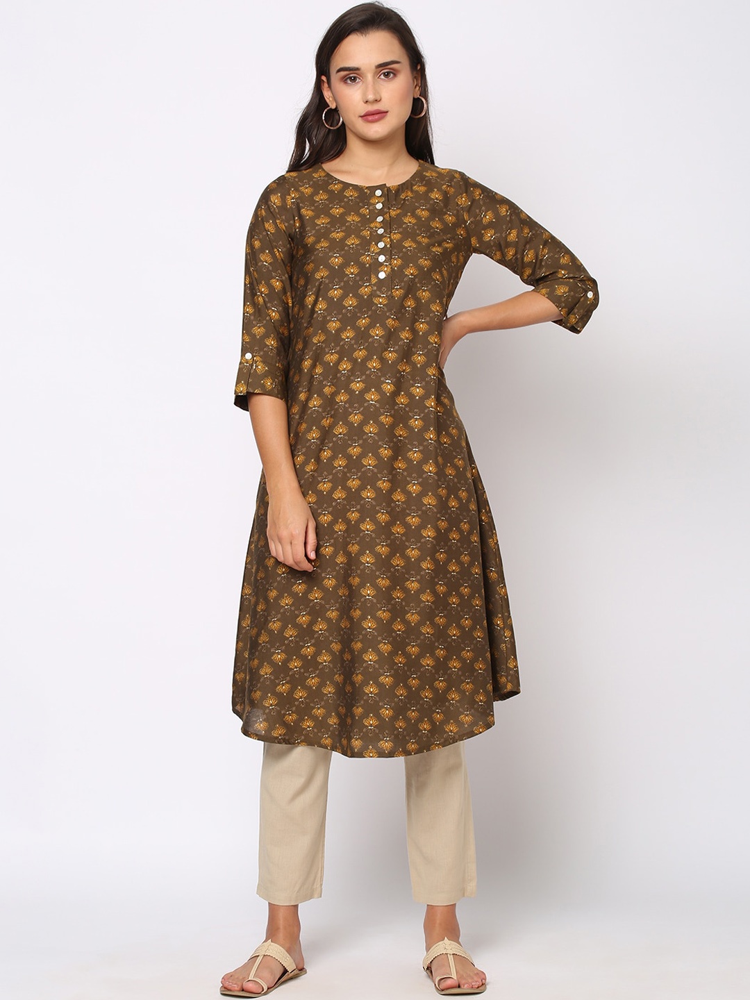 

Fusion Beats Ethnic Motifs Round Neck Printed Kurta, Brown