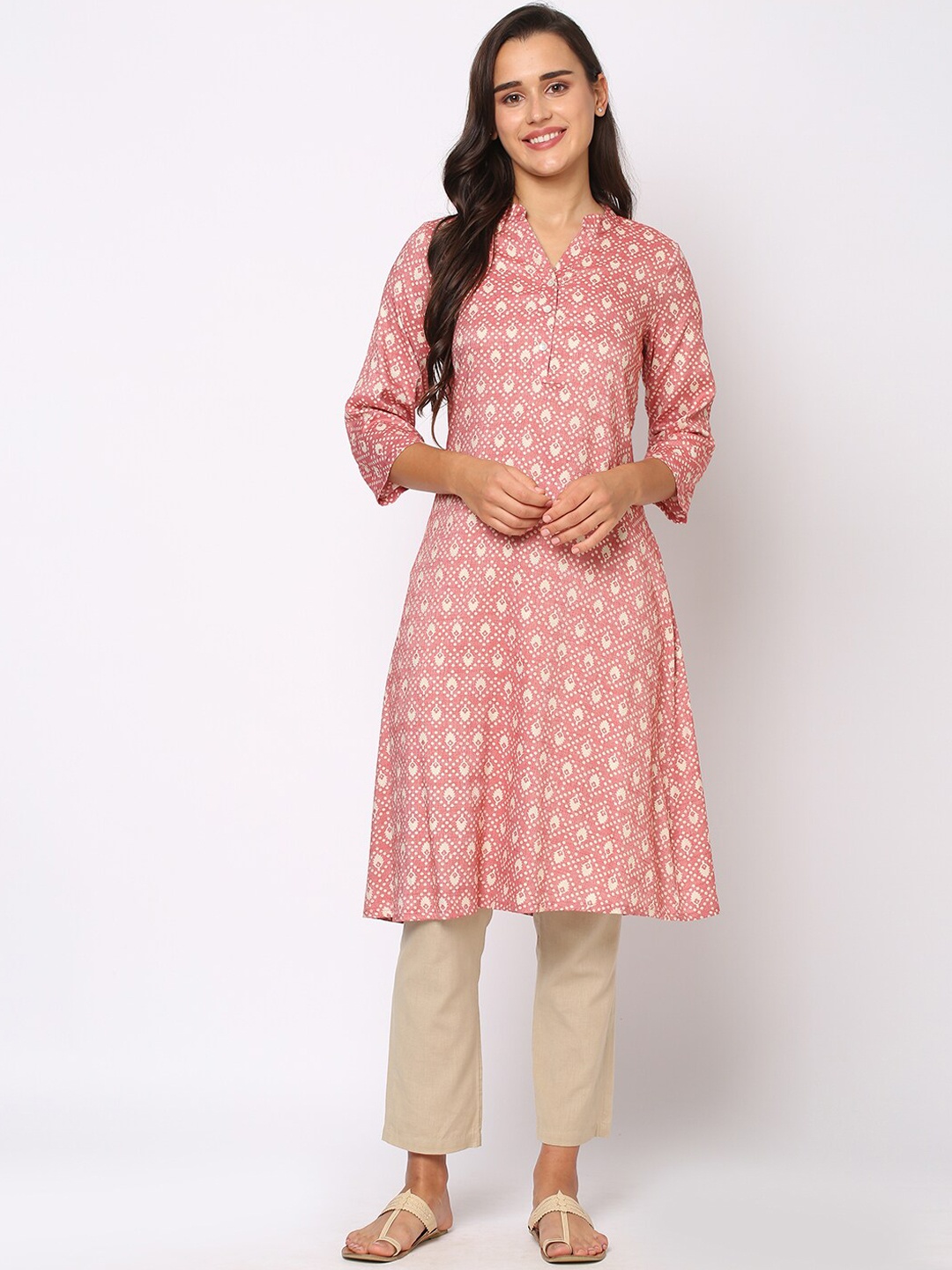 

Fusion Beats Ethnic Motifs Printed Band Collar Kurta, Pink