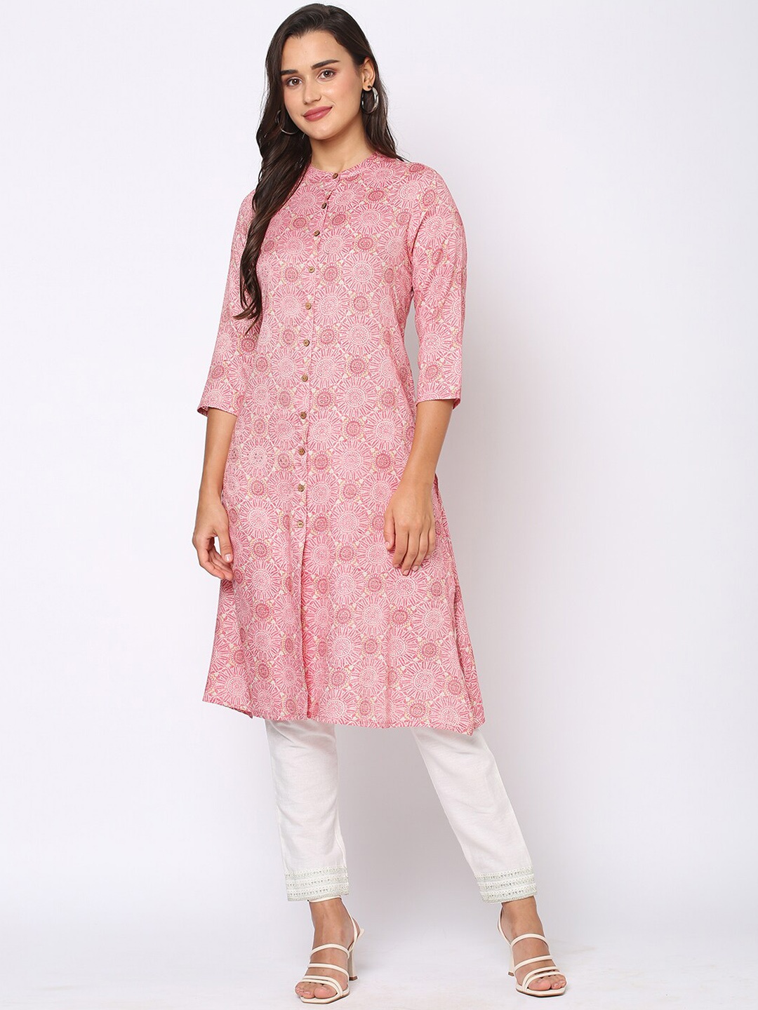 

Fusion Beats Ethnic Motifs Band Collar Printed Kurta, Pink
