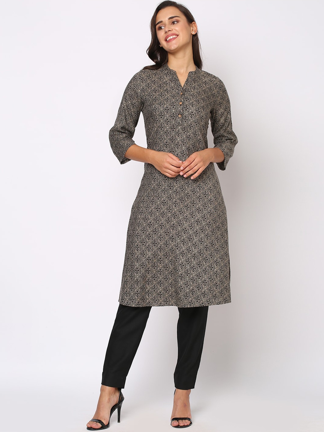 

Fusion Beats Ethnic Motifs Printed Band Collar Kurta, Grey