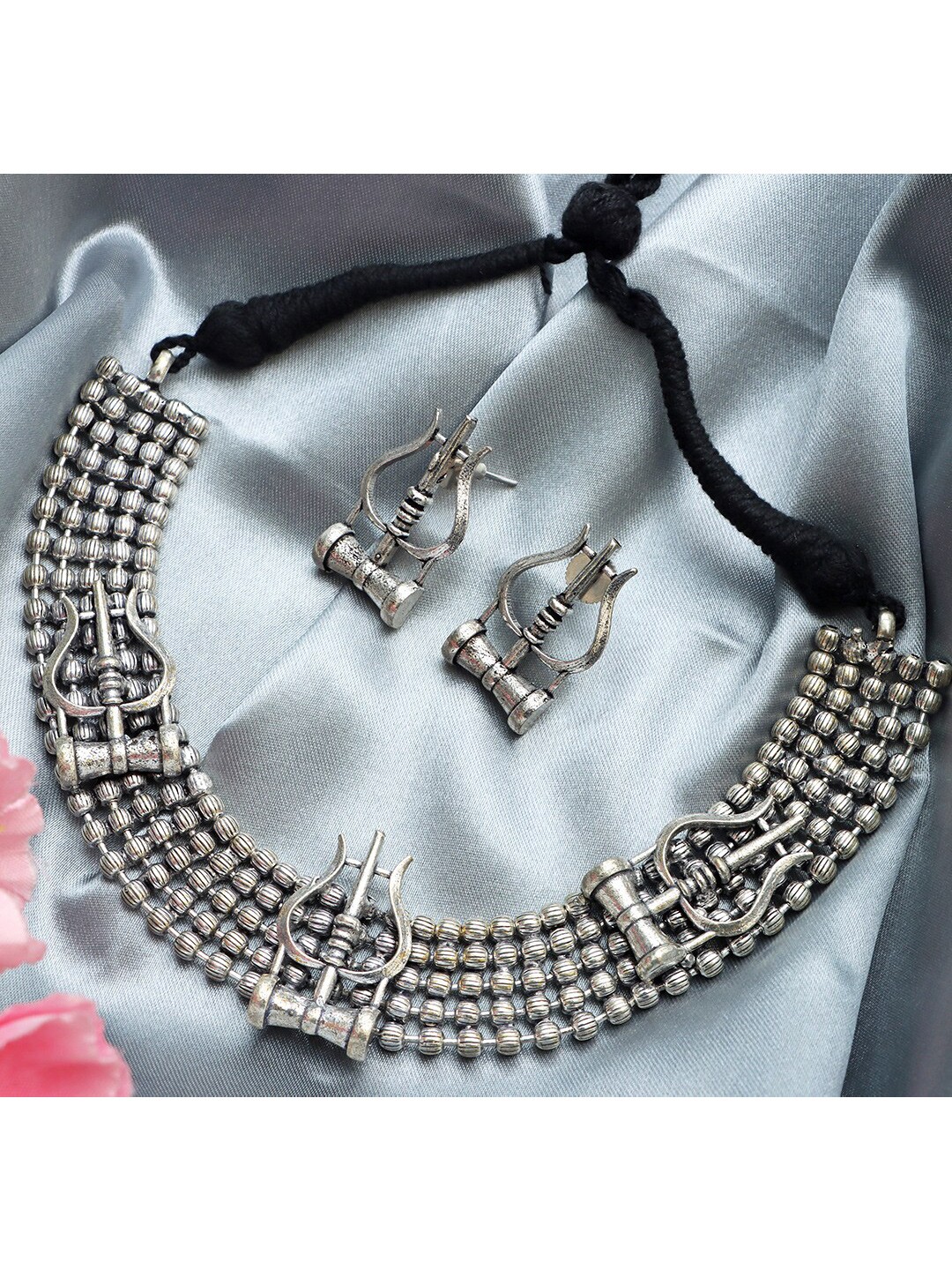 

Ozanoo Oxidised Trishul Choker Ball Jewellery Set, Silver