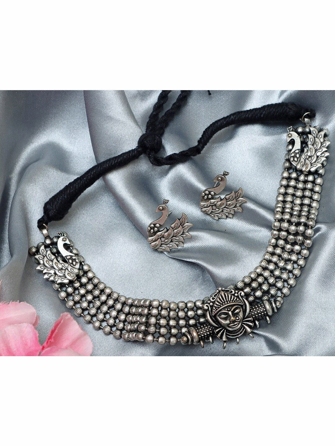 

Ozanoo Oxidised Silver Temple and Peacock Choker Jewellery Set