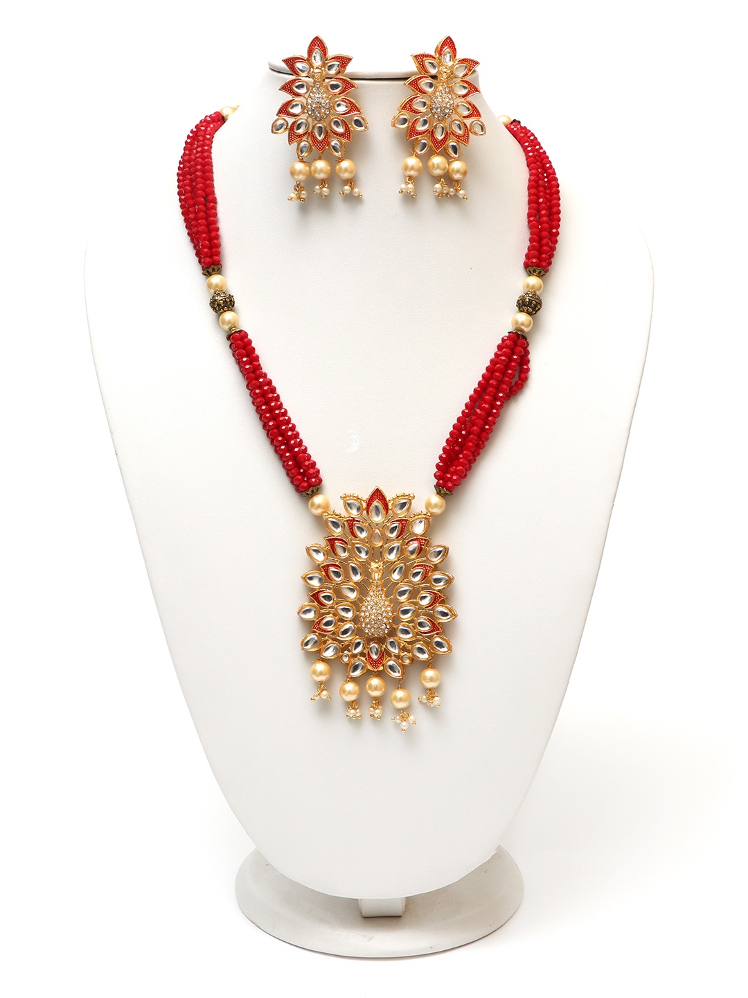 

Ozanoo Gold-Plated Peacock Kundan Meenakari Studded Long Jewellery Set, Red