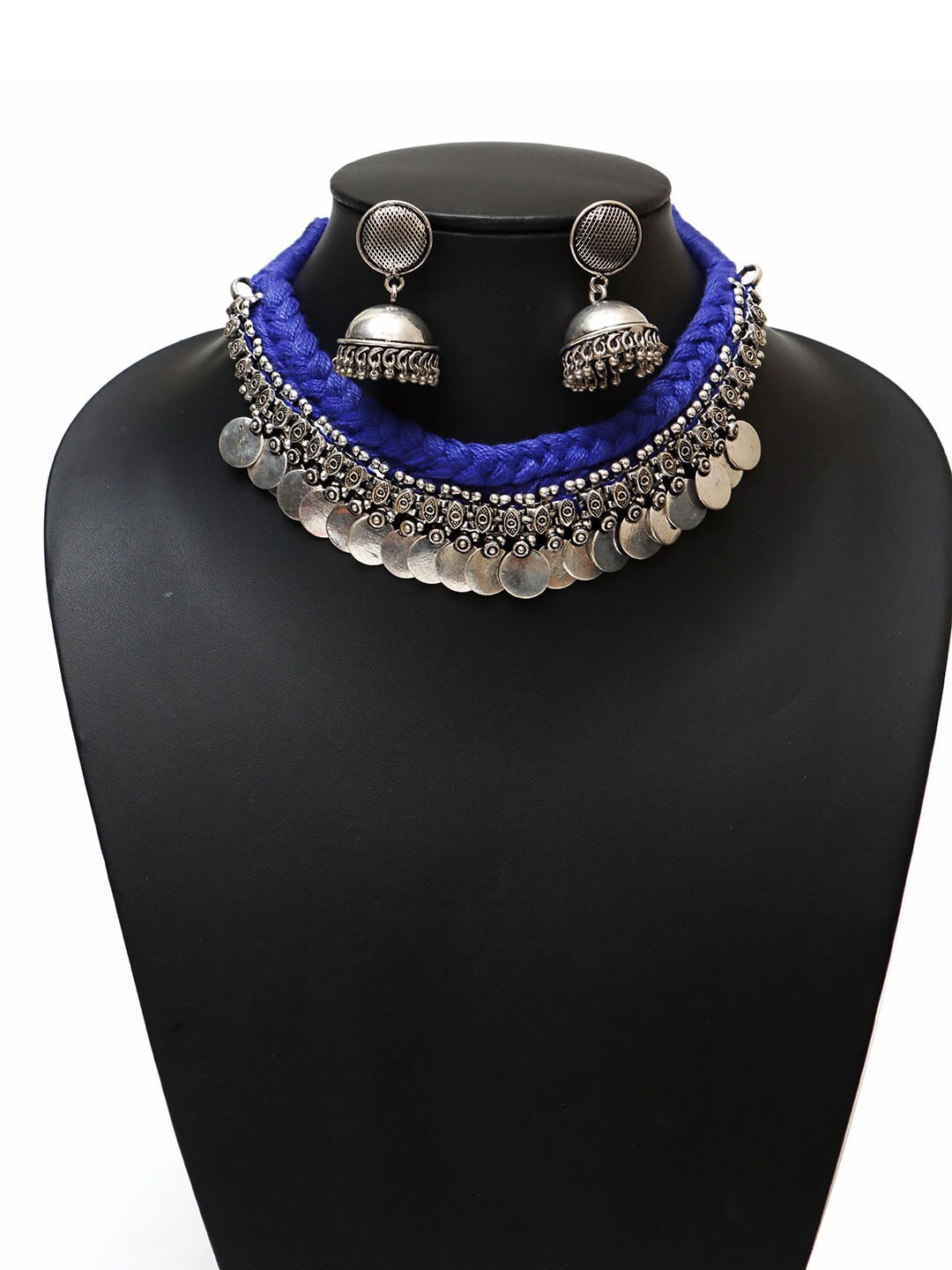 

Ozanoo Silver-Plated Oxidised Coin Thread Necklace & Earrings