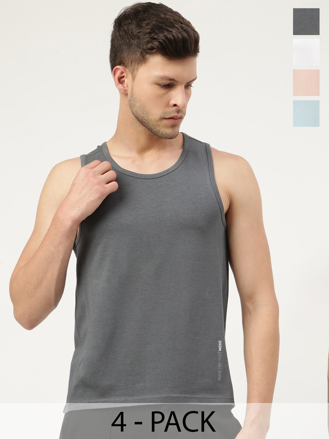 FREECULTR Men Pack Of 4 Solid Bamboo Cotton Anti-Microbial Gym Vests, Charcoal