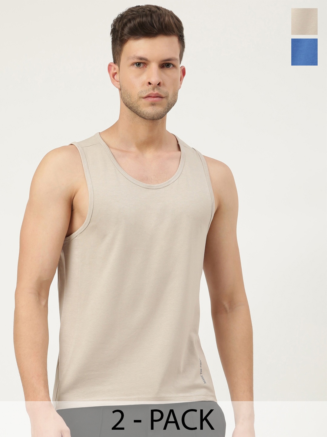 

FREECULTR Men Pack Of 2 Solid Bamboo Cotton Anti-Microbial Gym Vests, Beige