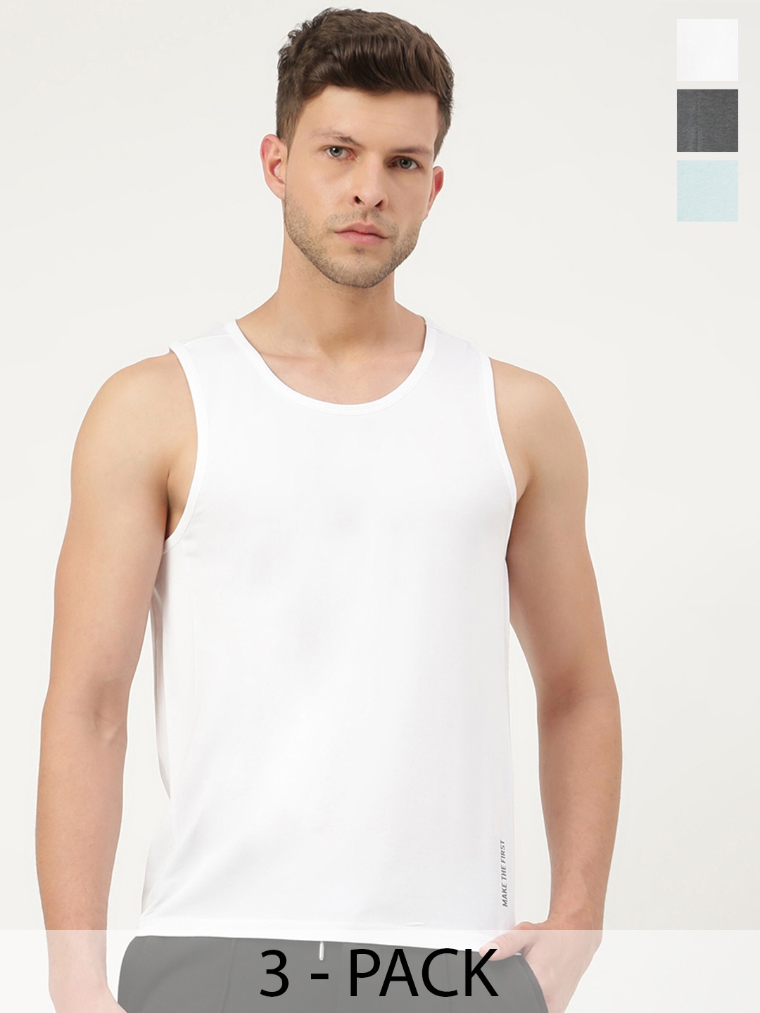 FREECULTR Men Pack Of 3 Solid Bamboo Cotton Anti-Microbial Gym Vests, White