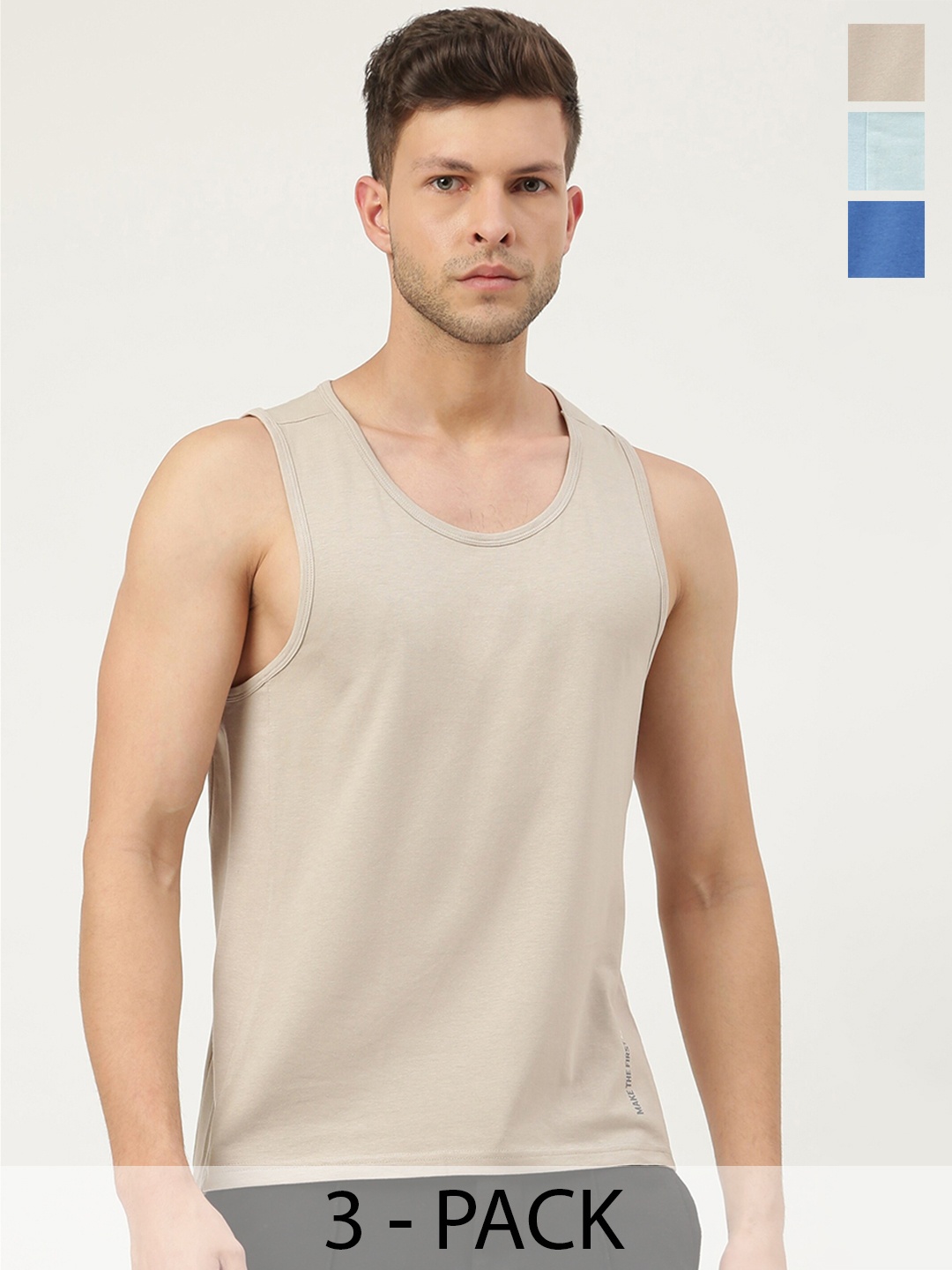 

FREECULTR Men Pack Of 3 Solid Bamboo Cotton Anti-Microbial Gym Vests, Beige