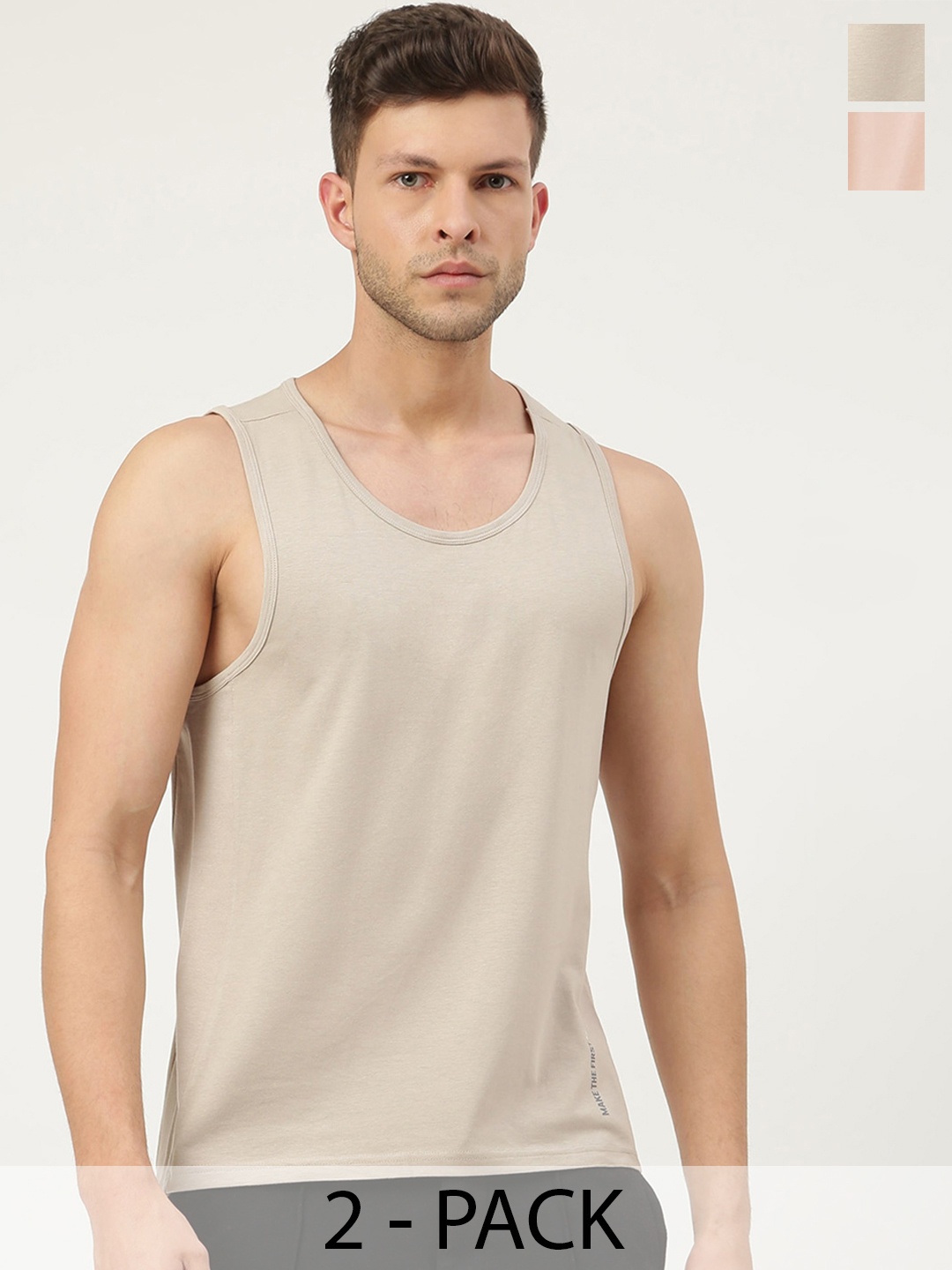 

FREECULTR Men Pack Of 2 Solid Bamboo Cotton Anti-Microbial Gym Vests, Beige