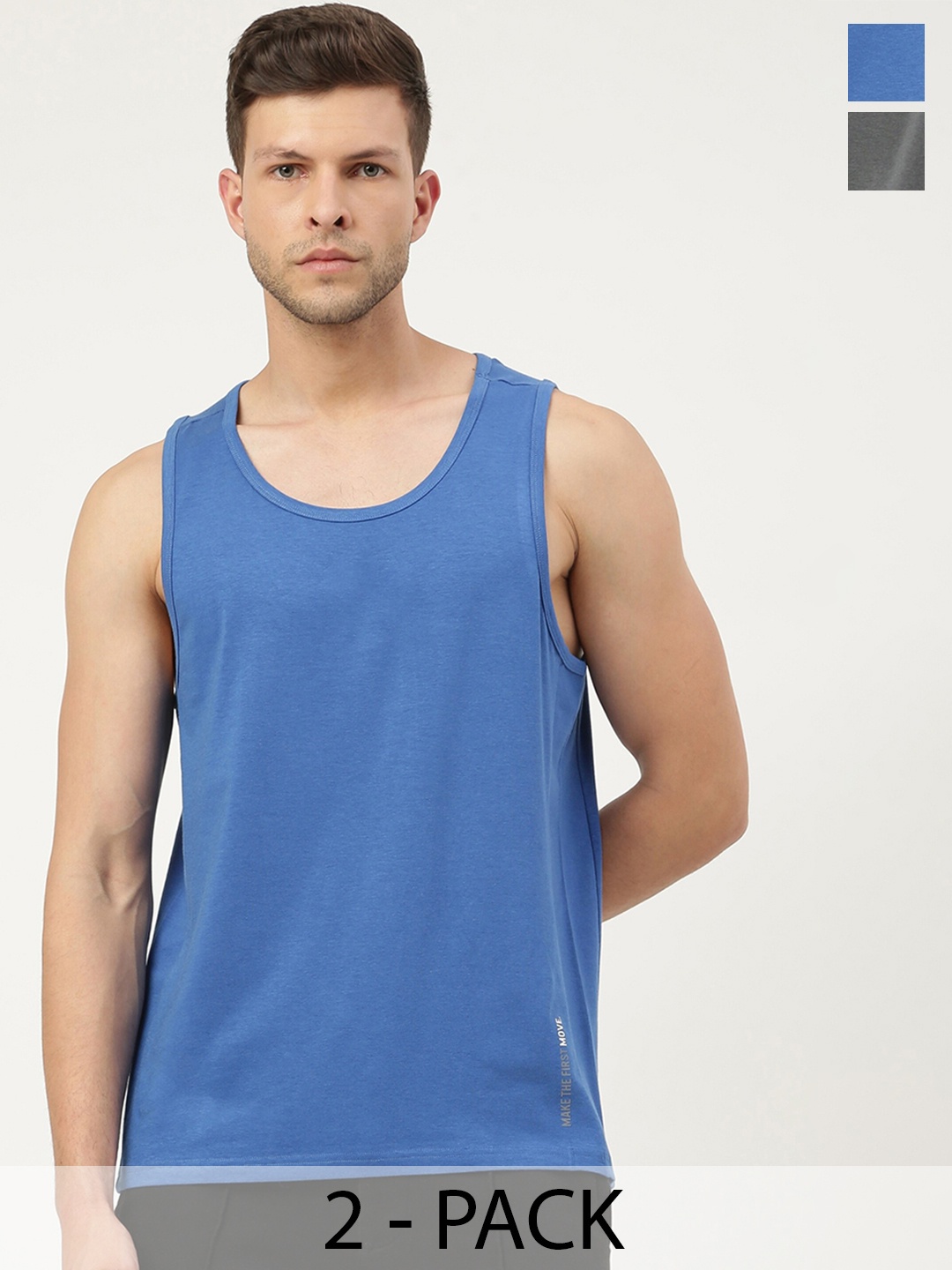 FREECULTR Men Pack Of 2 Anti-Microbial Breath-Tech Bamboo Cotton Innerwear Gym Vests, Blue