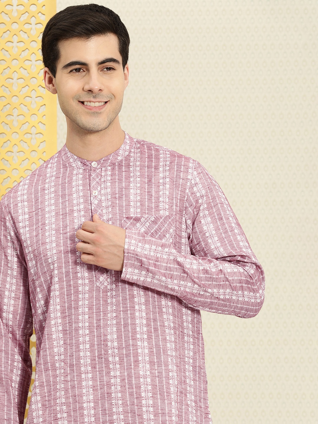 

House of Pataudi Men Ethnic Motifs Pastels Rozana Kurta, Mauve