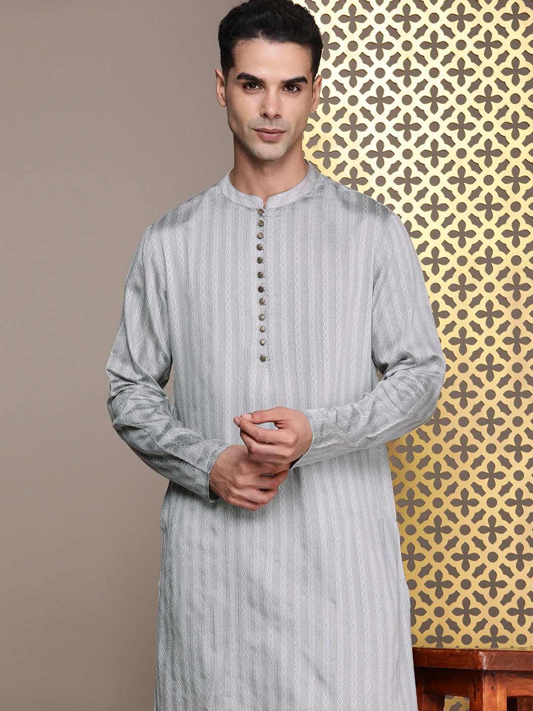 

House of Pataudi Woven Design Mandarin Collar Rozana Kurta, Grey