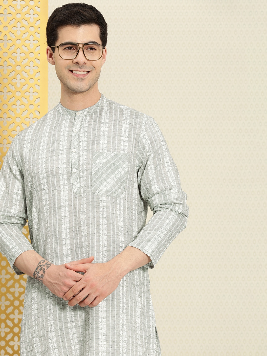 

House of Pataudi Men Ethnic Motifs Pastels Rozana Kurta, White