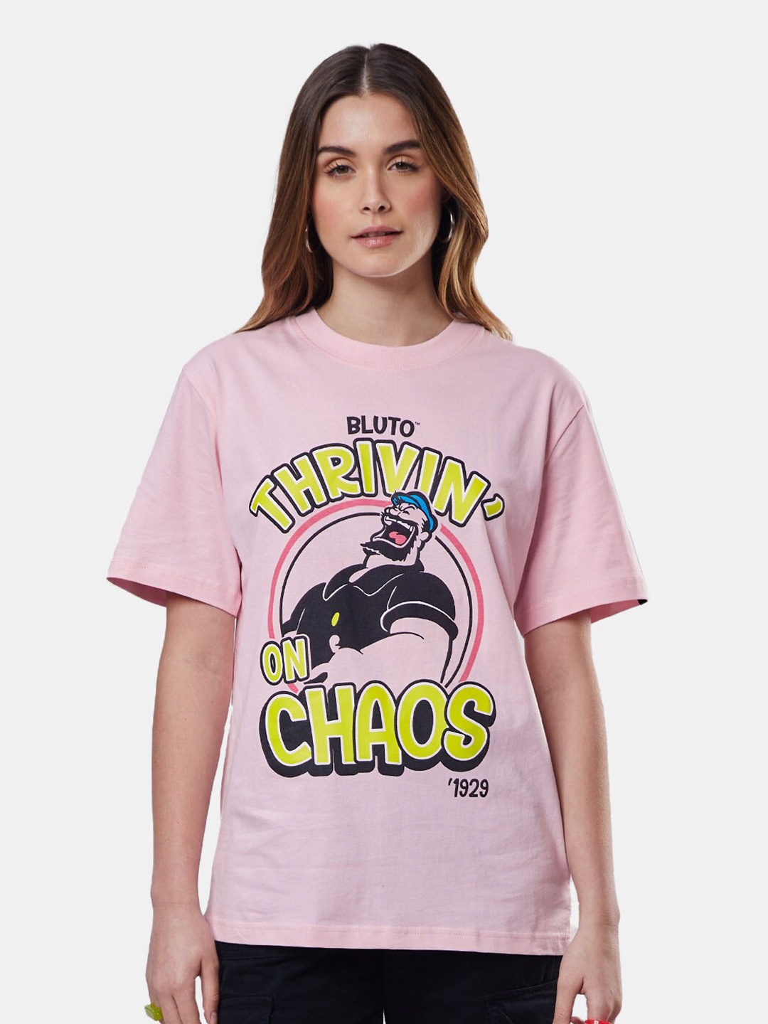 

The Souled Store Women Popeye Printed Loose Pure Cotton T-shirt, Pink