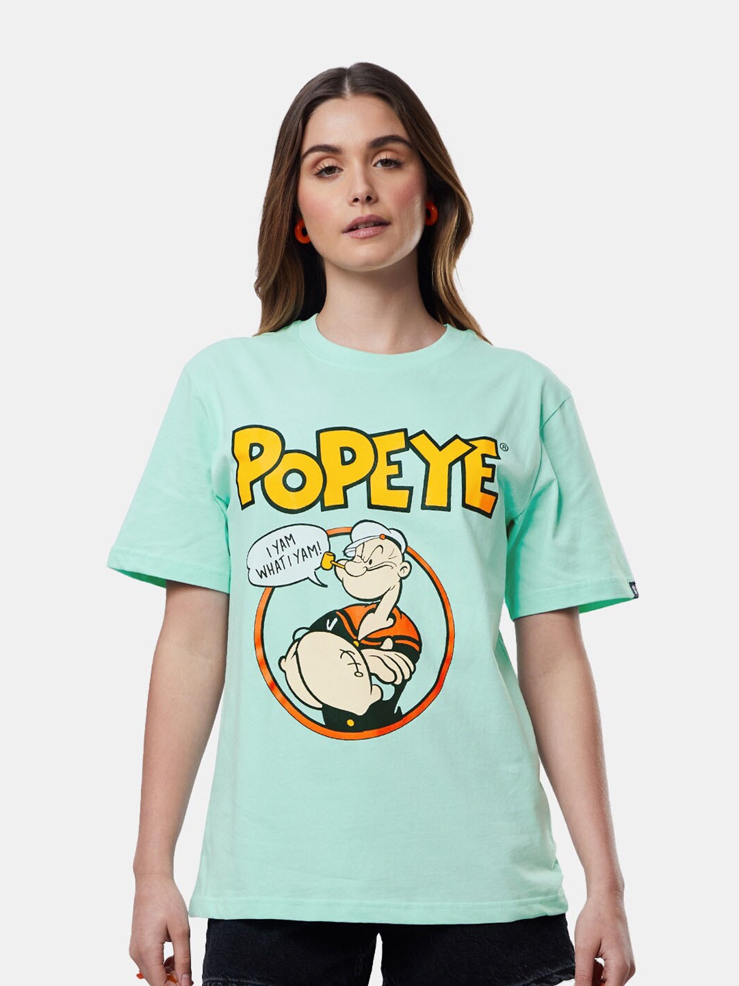 

The Souled Store Women Popeye Humor & Comic Printed Loose Pure Cotton T-shirt, Sea green