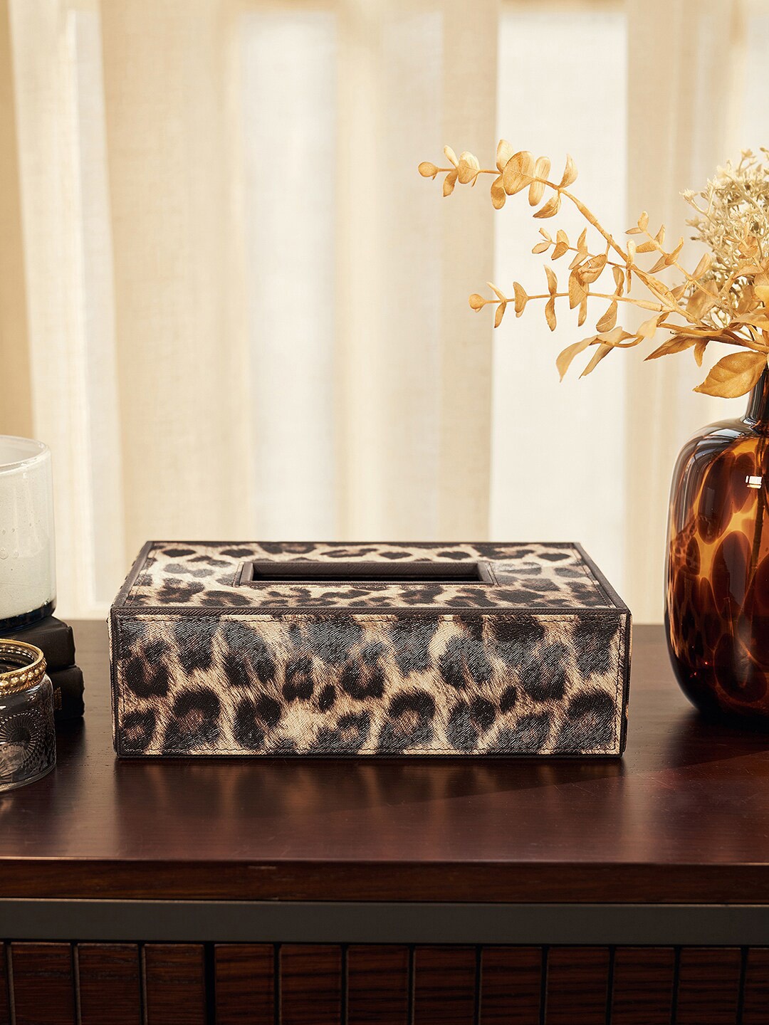 

Pure Home and Living Brown Leopard Printed Faux Leather Tissue Box Cover