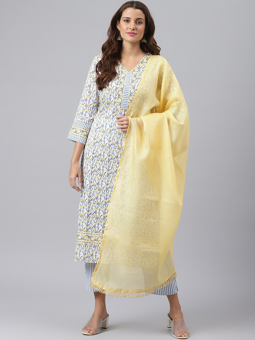 

KALINI Women Floral Printed Kurta with Trousers & Dupatta, Yellow
