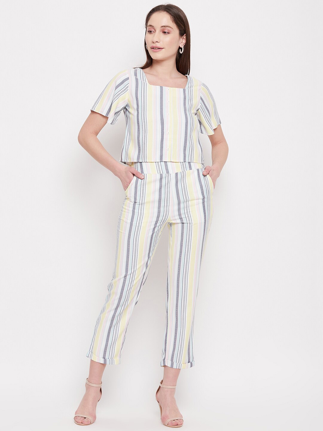 

Madame Women Striped Top with Trouser Co-Ords Set, Yellow