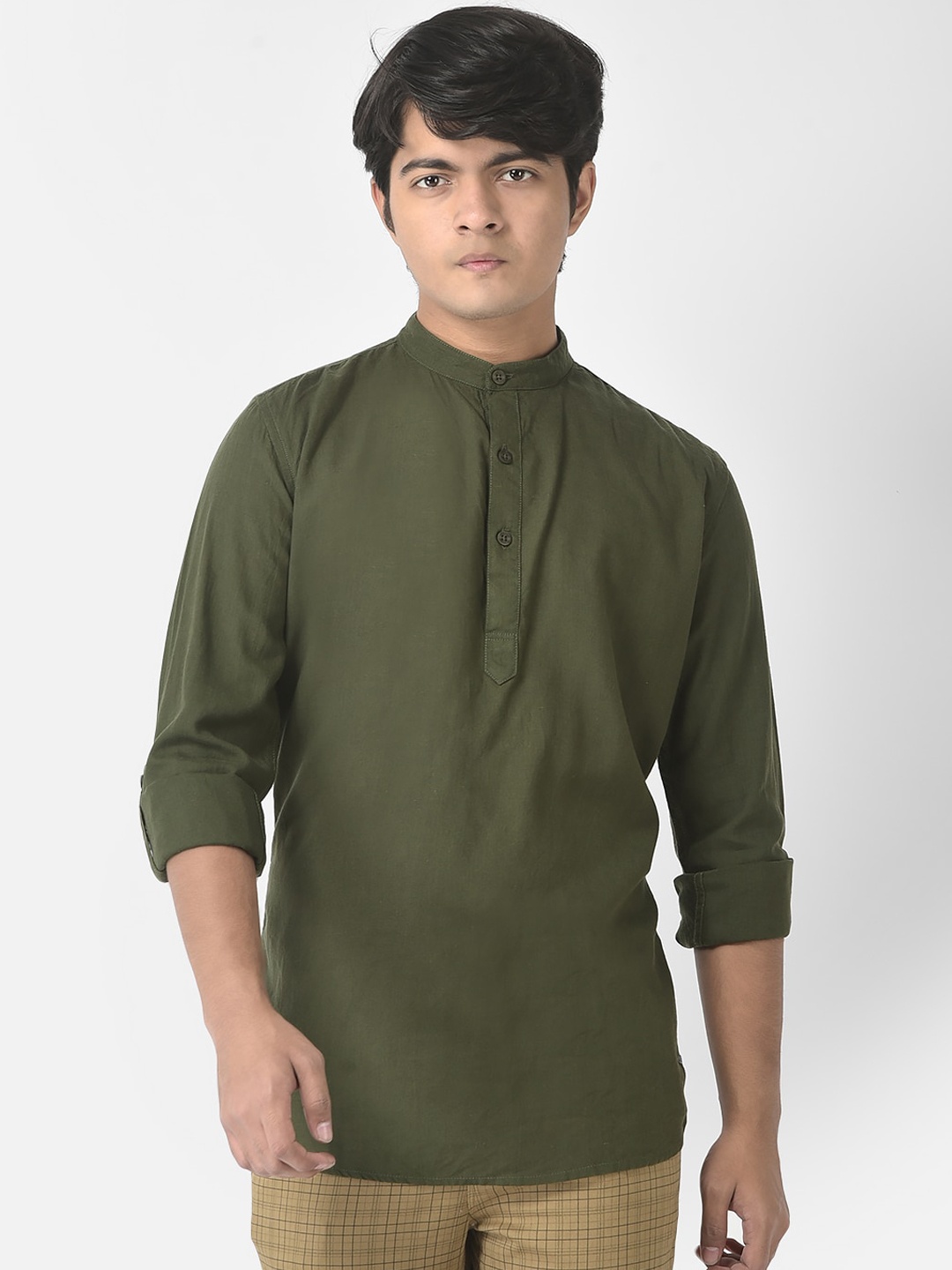 

Crimsoune Club Boys Mandarin Collar Long Sleeve Straight Kurta, Olive