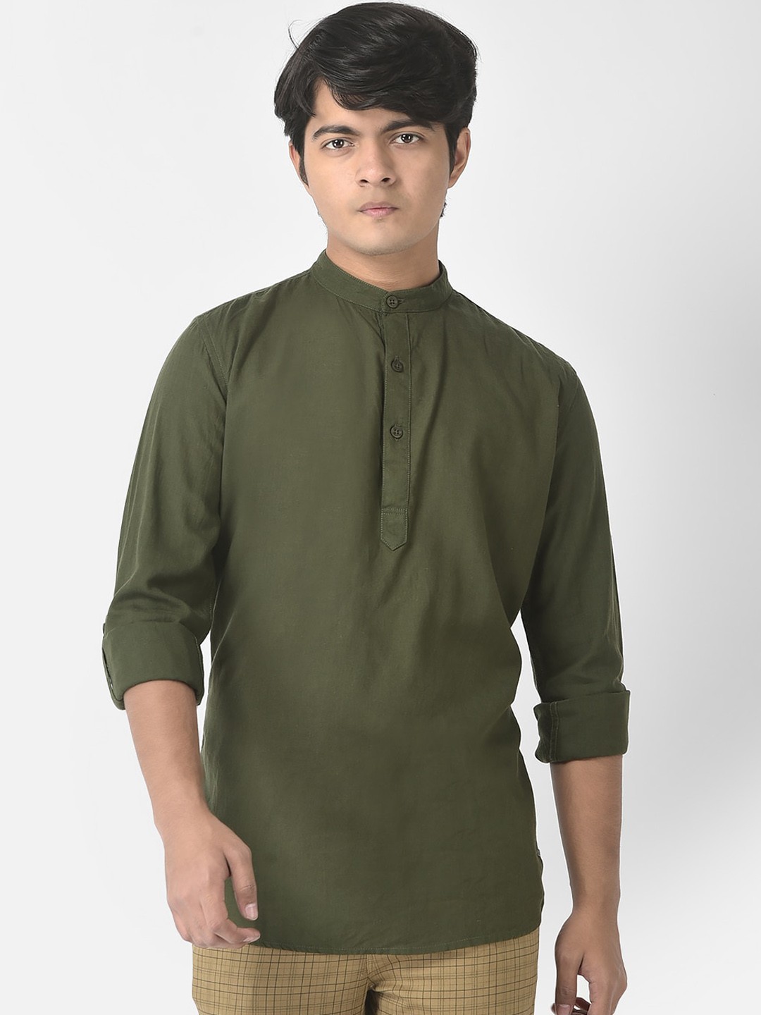

Crimsoune Club Boys Mandarin Collar Long Sleeve Straight Kurta, Olive