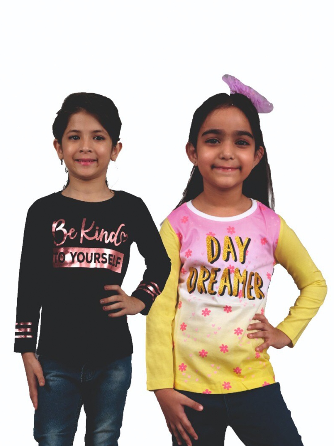 3PIN Girls Pack Of 2 Typography Printed Cotton T-shirts, Black