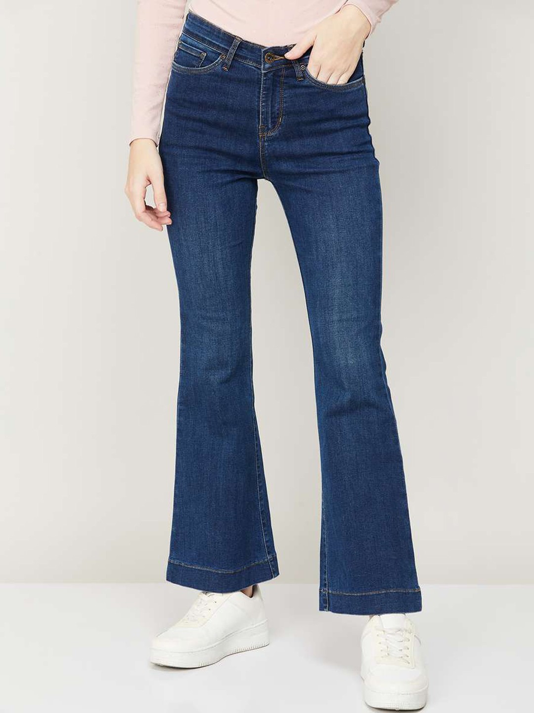 

Xpose Women Comfort Flared High-Rise Low Distress Stretchable Jeans, Navy blue