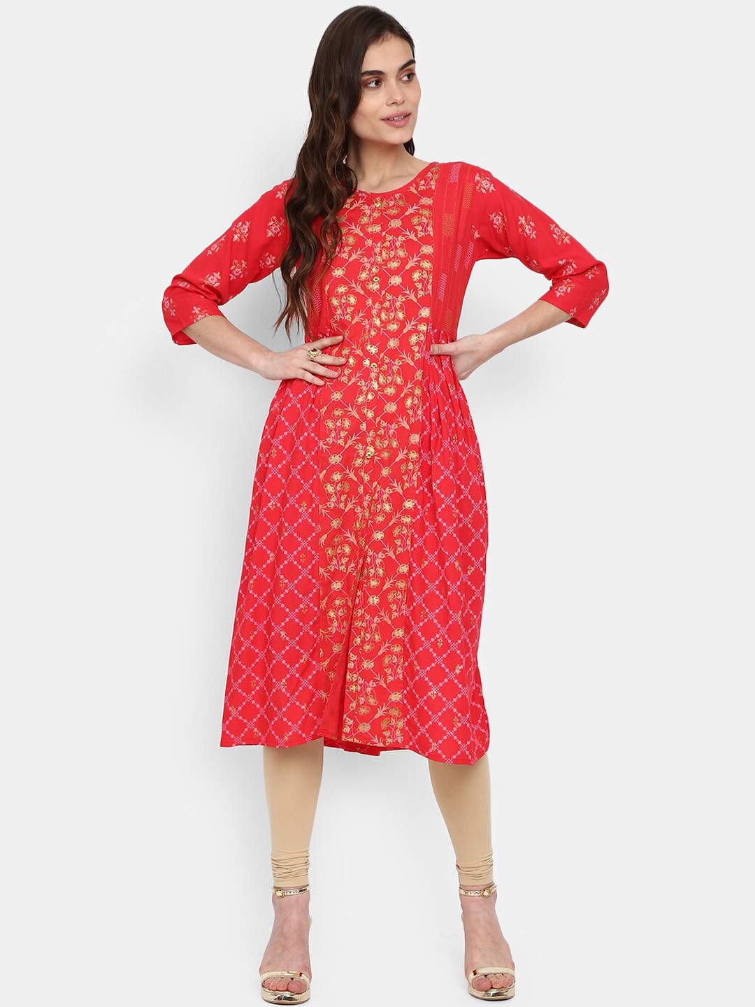 

V-Mart Magenta Floral Printed Flared Sleeves Kurta