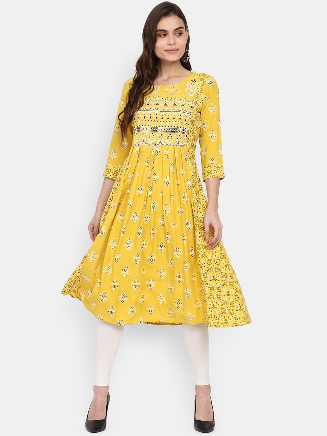 

V-Mart Round Neck Floral Striped Flared Sleeves Pleated Anarkali Kurta, Mustard