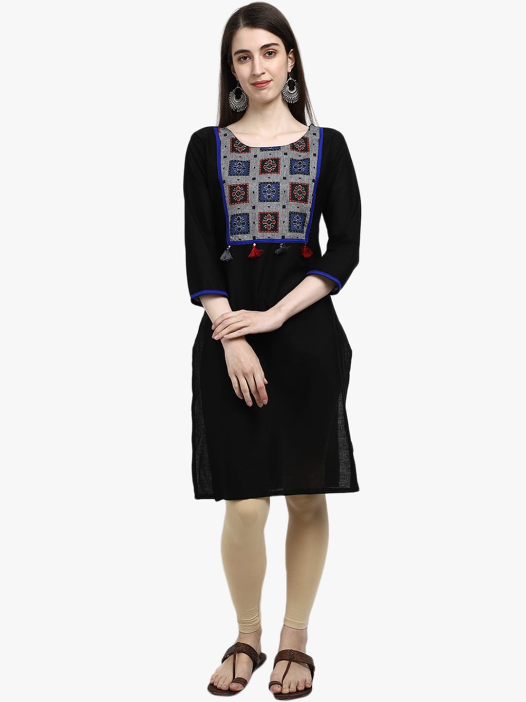 

V-Mart Geometric Yoke Design Flared Sleeves Regular Kurta, Black