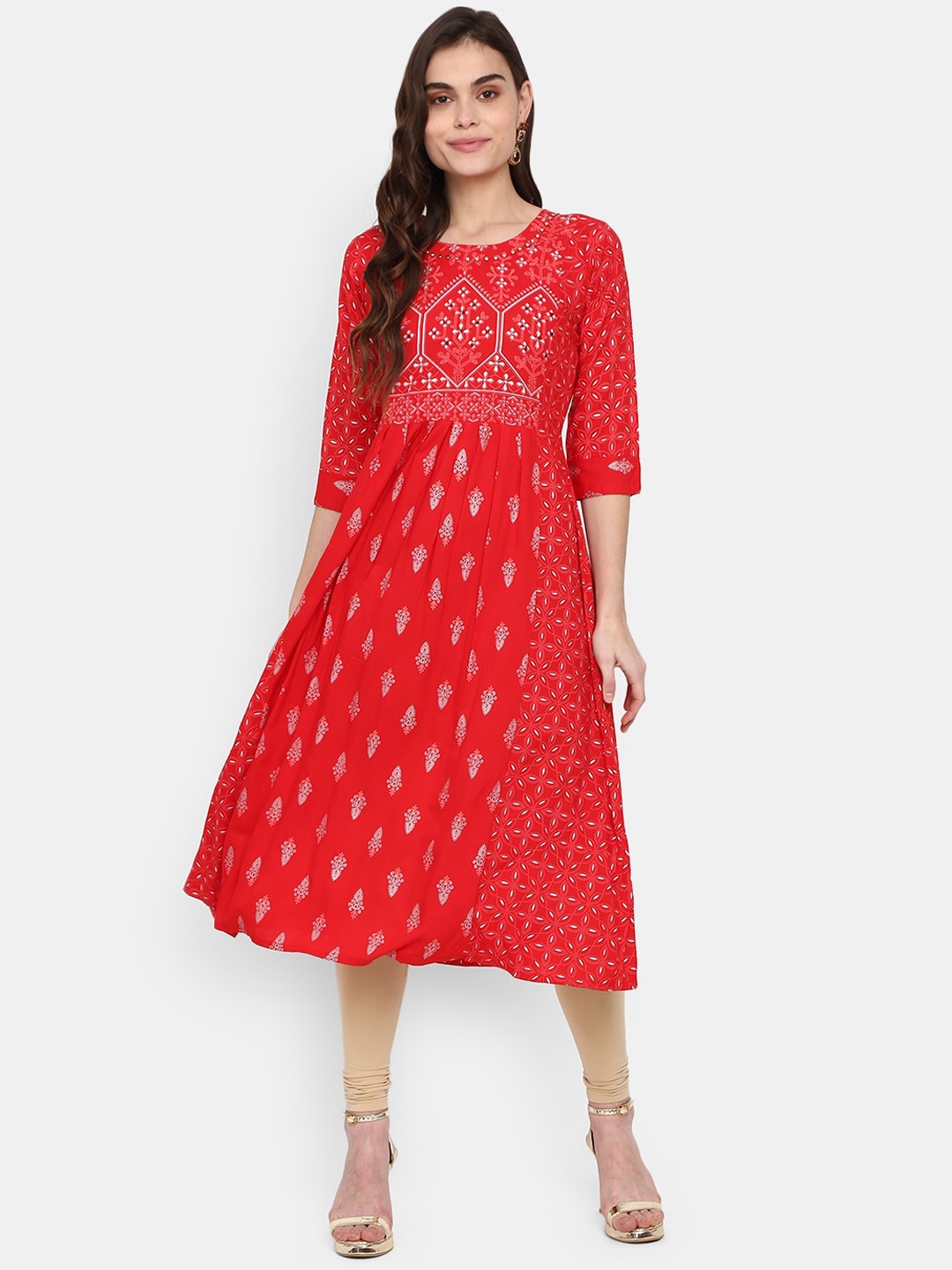 

V-Mart Round Neck Ethnic Motifs Printed A-Line Pleated Flared Kurta, Maroon