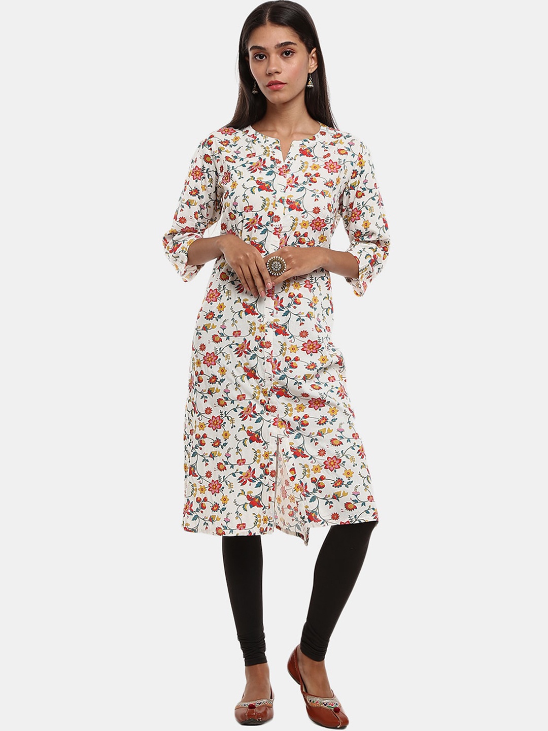 

V-Mart Floral Printed Band Collar Kurta, White