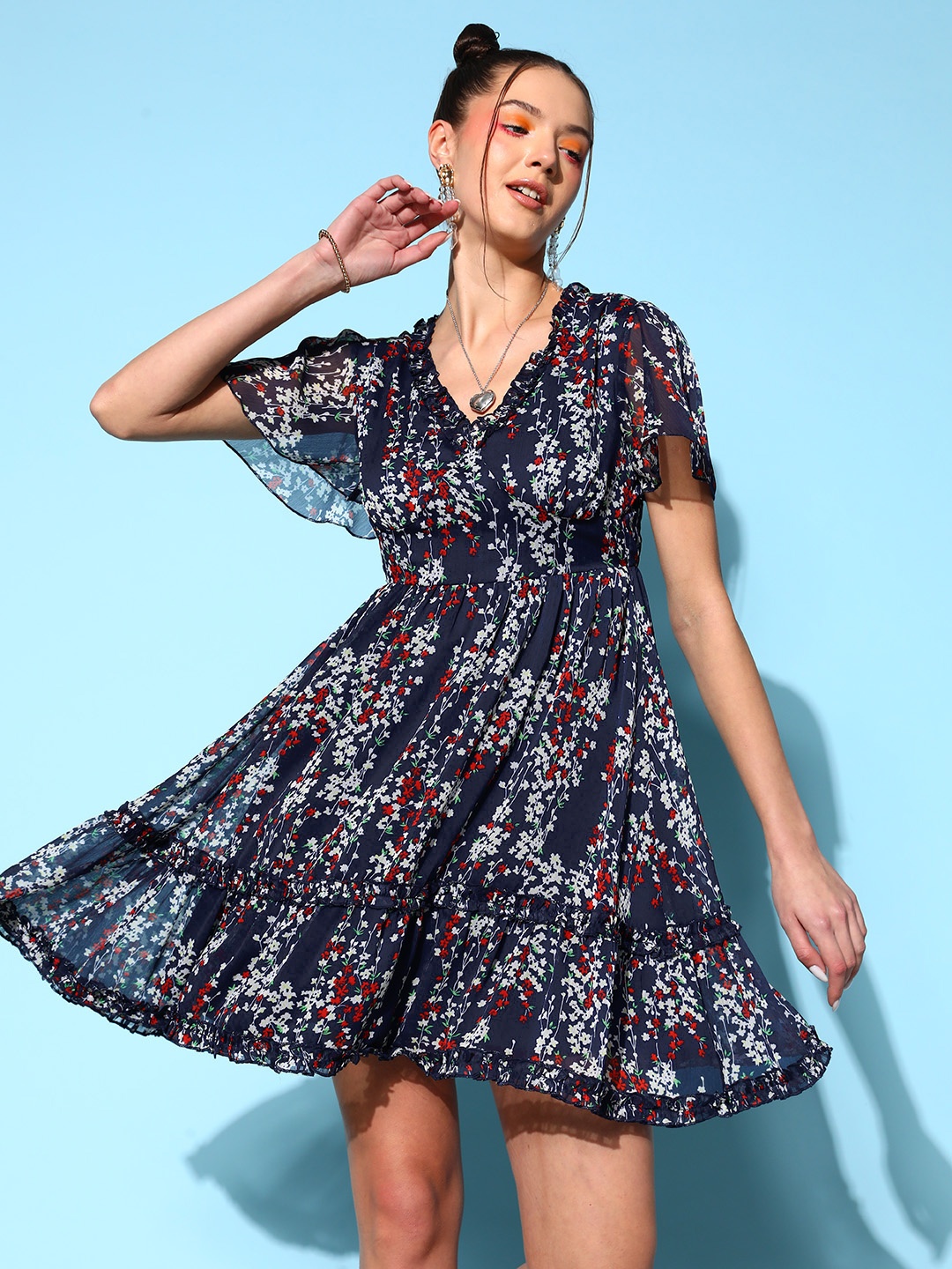 

Berrylush Navy Blue Floral Chiffon A-Line Mini Dress