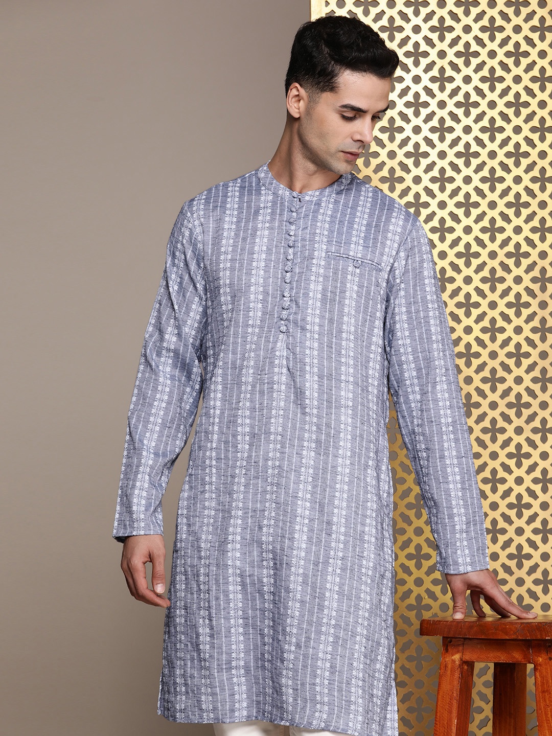 

House of Pataudi Woven Design Band Collar Rozana Kurta, Blue
