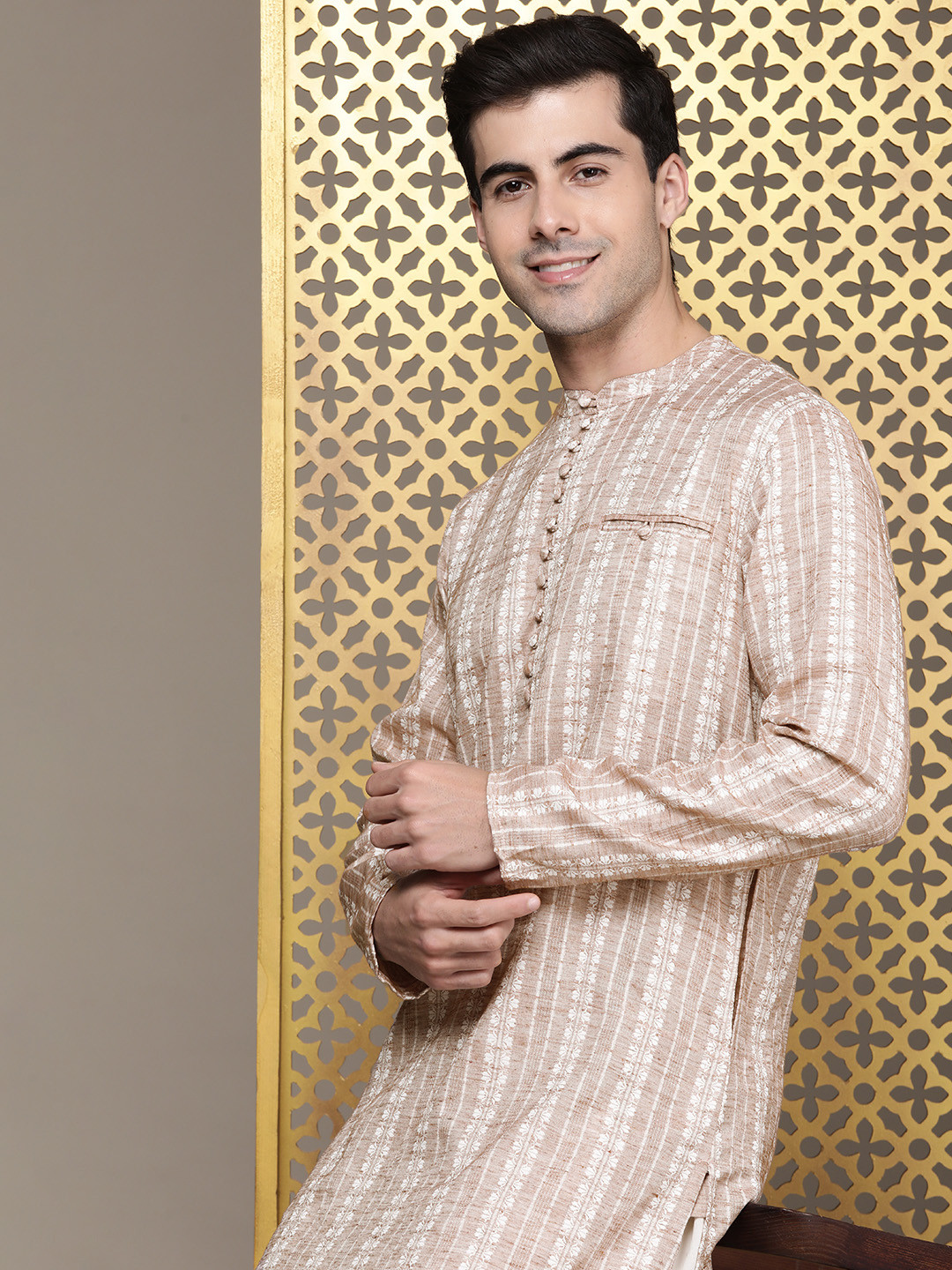 

House of Pataudi Ethnic Motifs Embroidered Thread Work Rozana Kurta, Beige