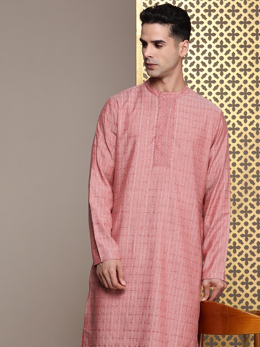 

House of Pataudi Woven Design Band Collar Rozana Kurta, Pink