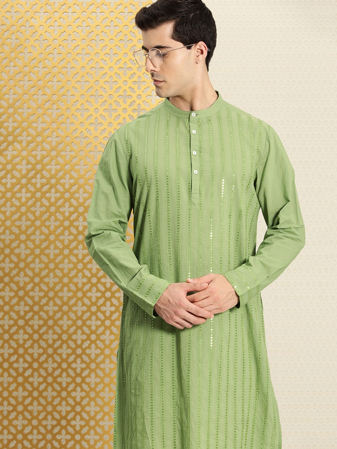 

House of Pataudi Pure Cotton Embellished Sequinned Jashn Kurta, Green