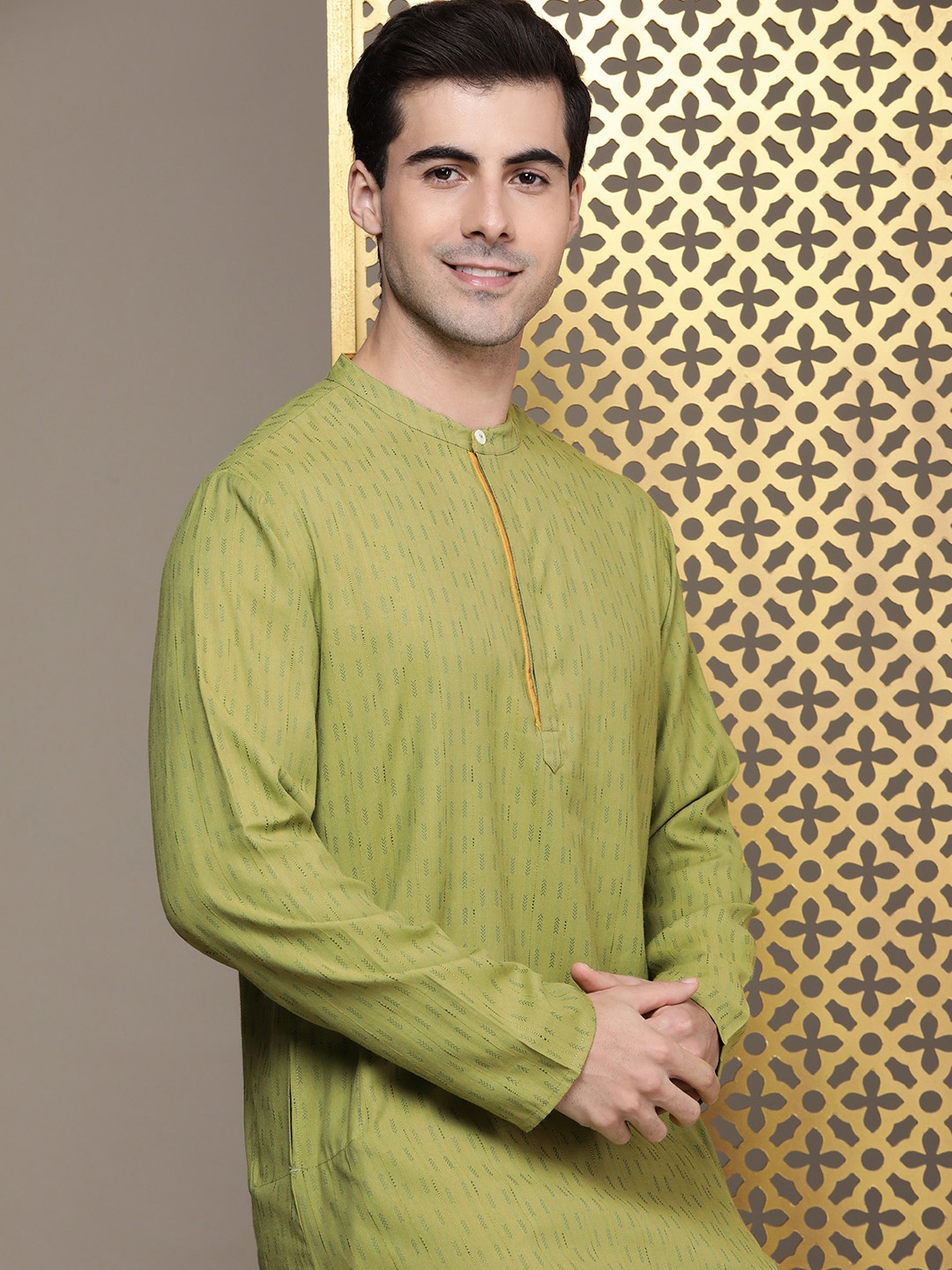 

House of Pataudi Woven Design Rozana Straight Kurta, Olive