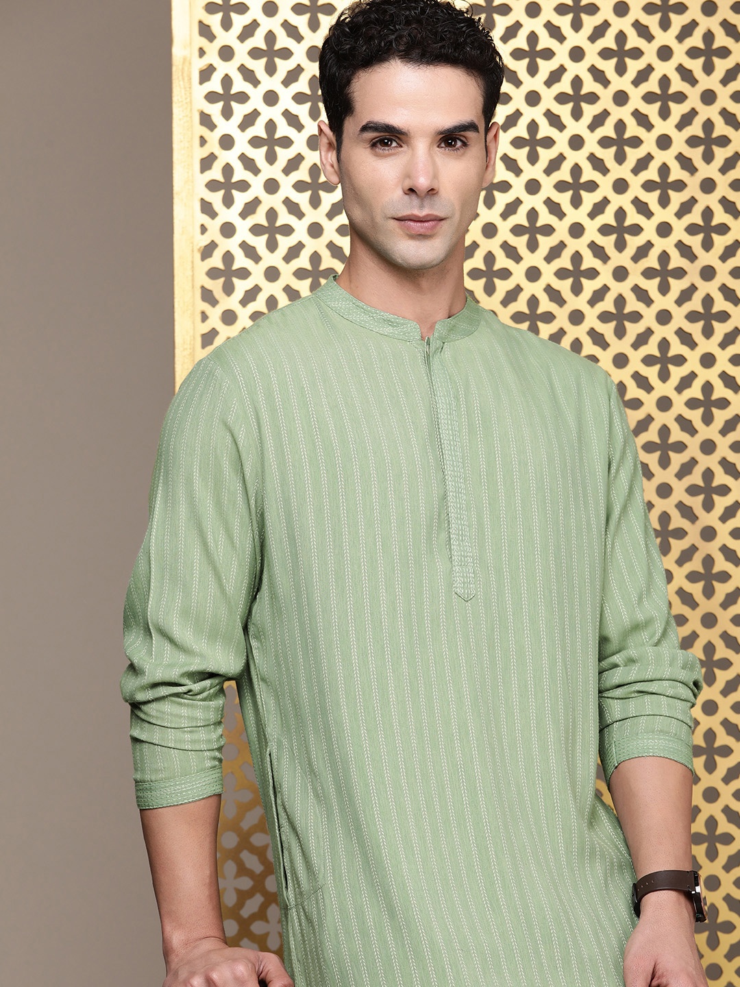 

House of Pataudi Long Sleeves Striped Rozana Kurta, Green
