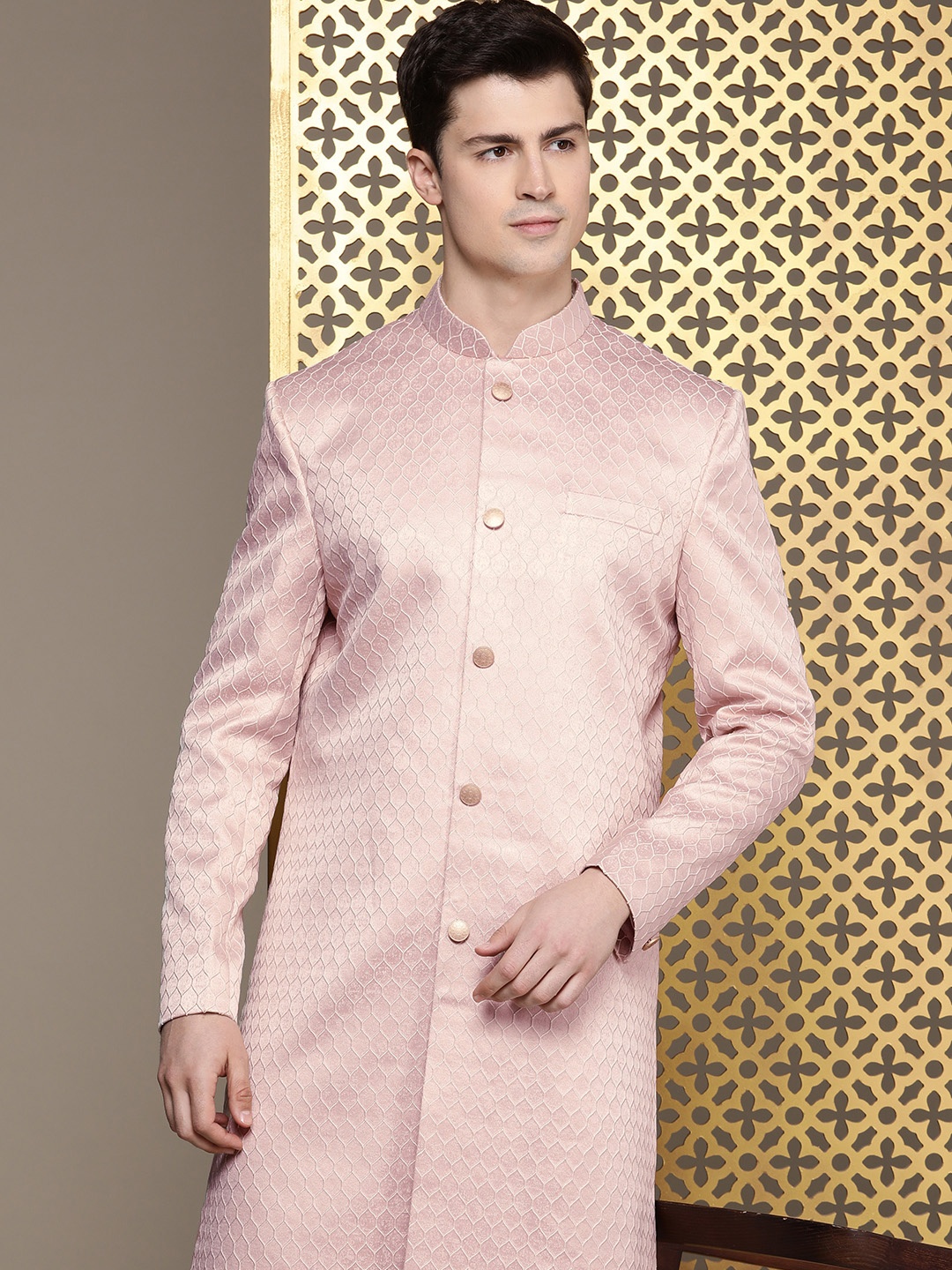 

House of Pataudi Men Woven Design Sherwani, Pink