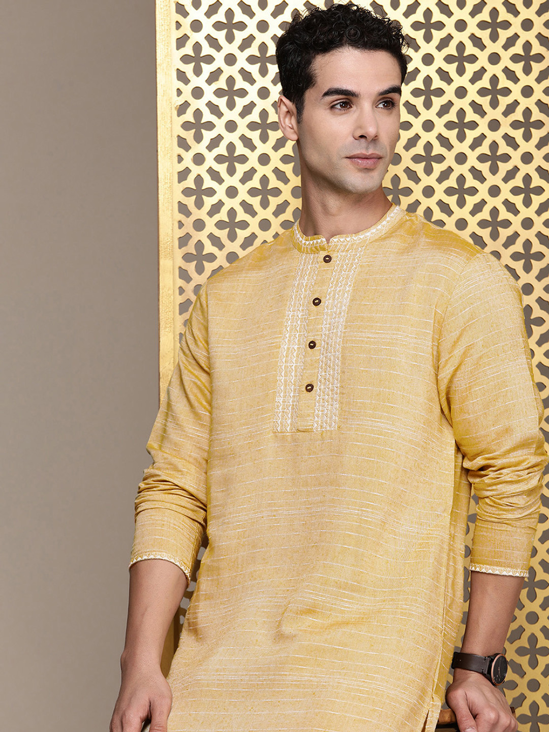 

House of Pataudi Striped Rozana Kurta, Mustard