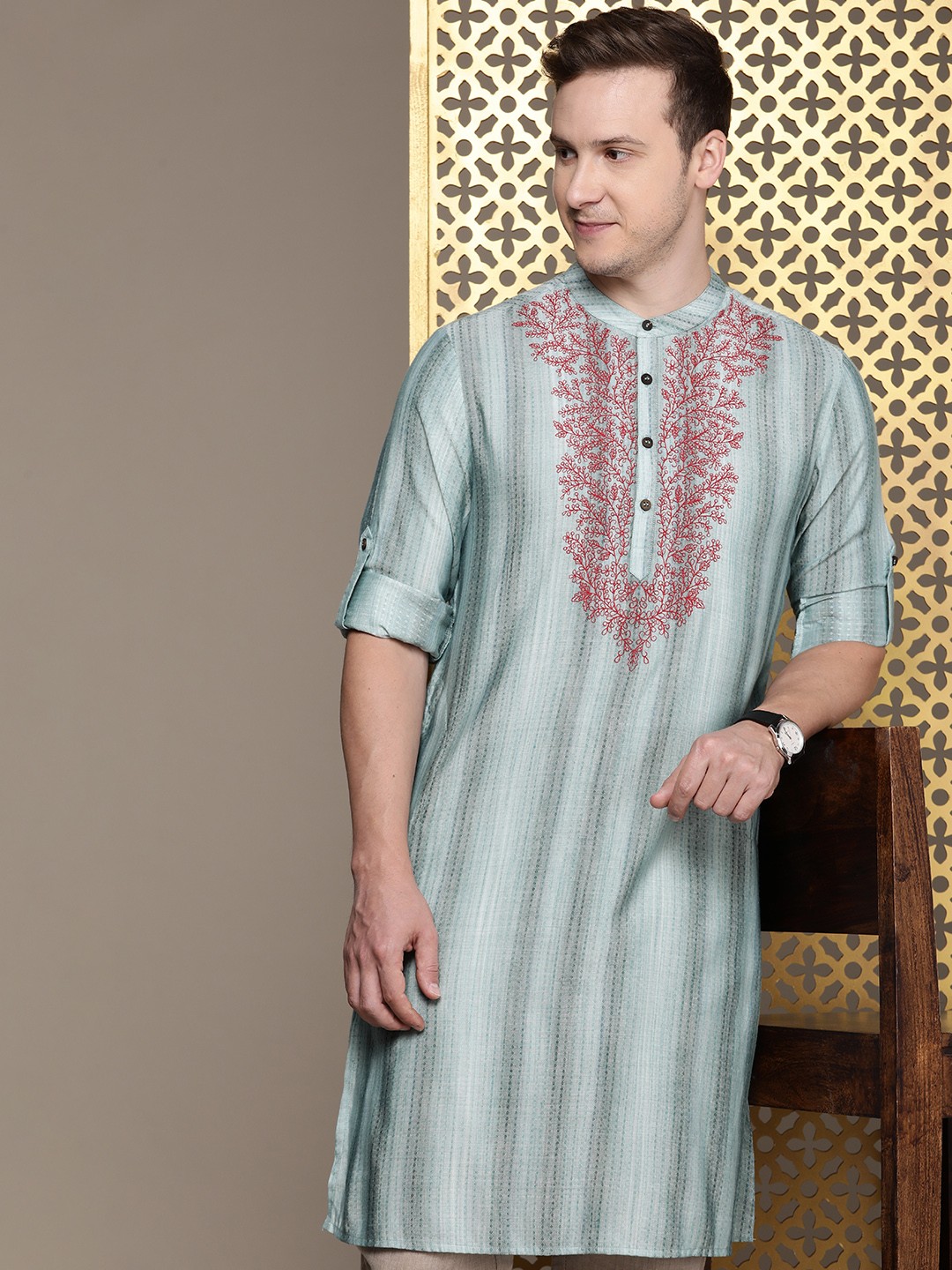 

House of Pataudi Geometric Printed Thread Work Jashn Kurta, Green