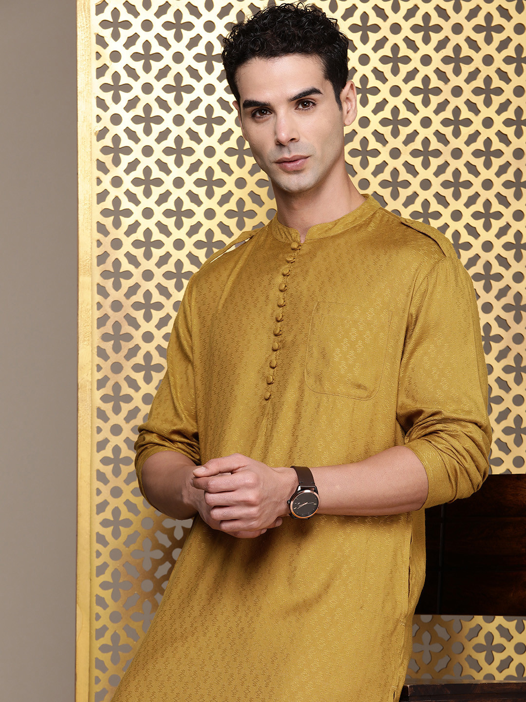 

House of Pataudi Rozana Woven Design Thread Work Pathani Kurta, Mustard