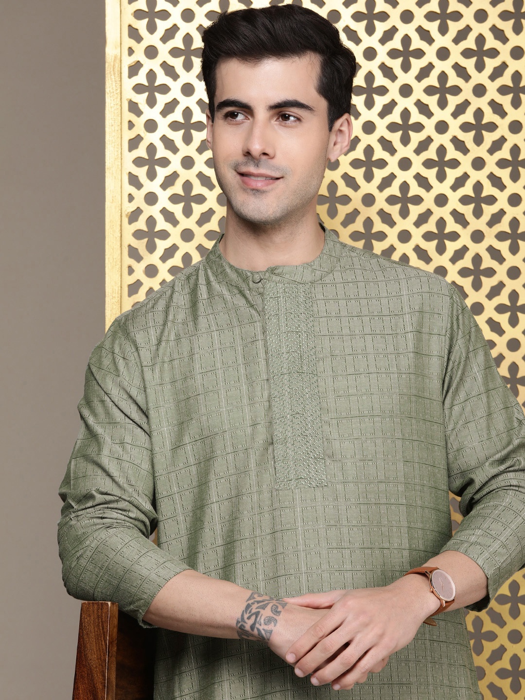 

House of Pataudi Jashn Pure Cotton Woven Design Kurta, Green