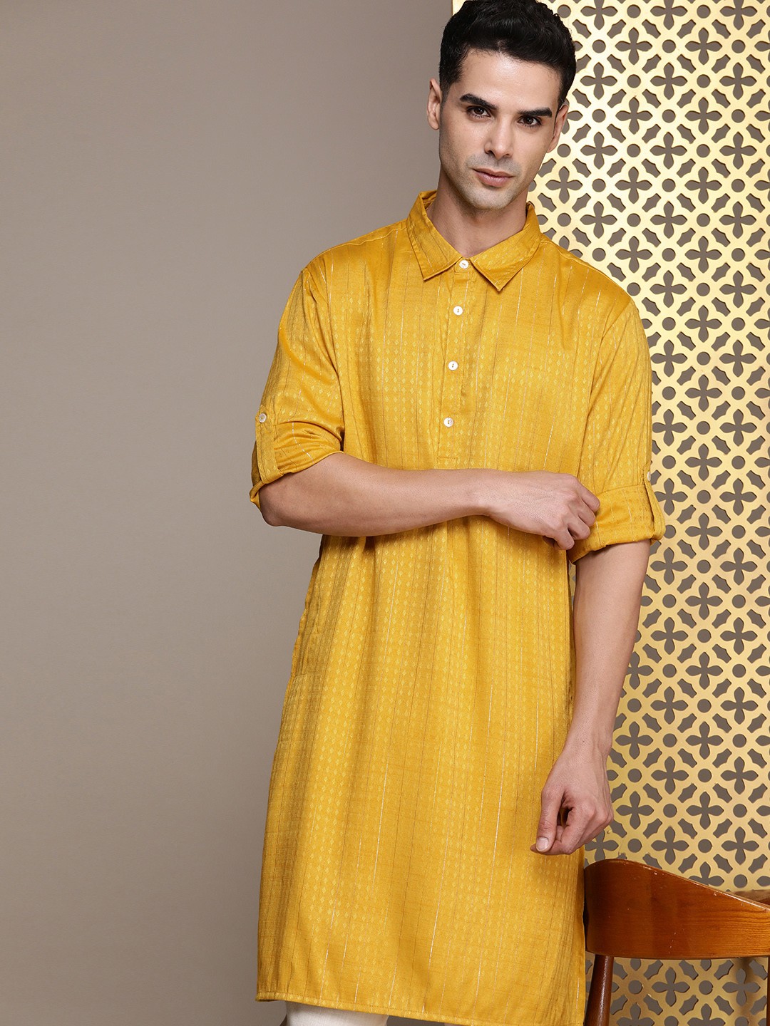 

House of Pataudi Woven Design Shirt Collar Rozana Kurta, Mustard