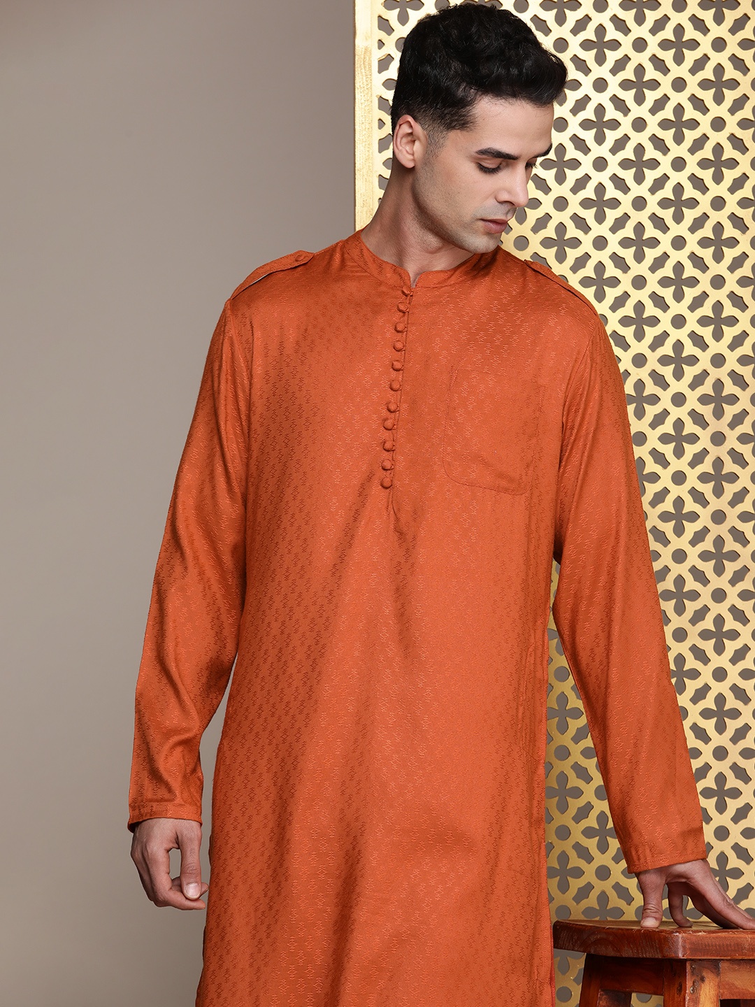 

House of Pataudi Woven Design Mandarin Collar Rozana Kurta, Rust