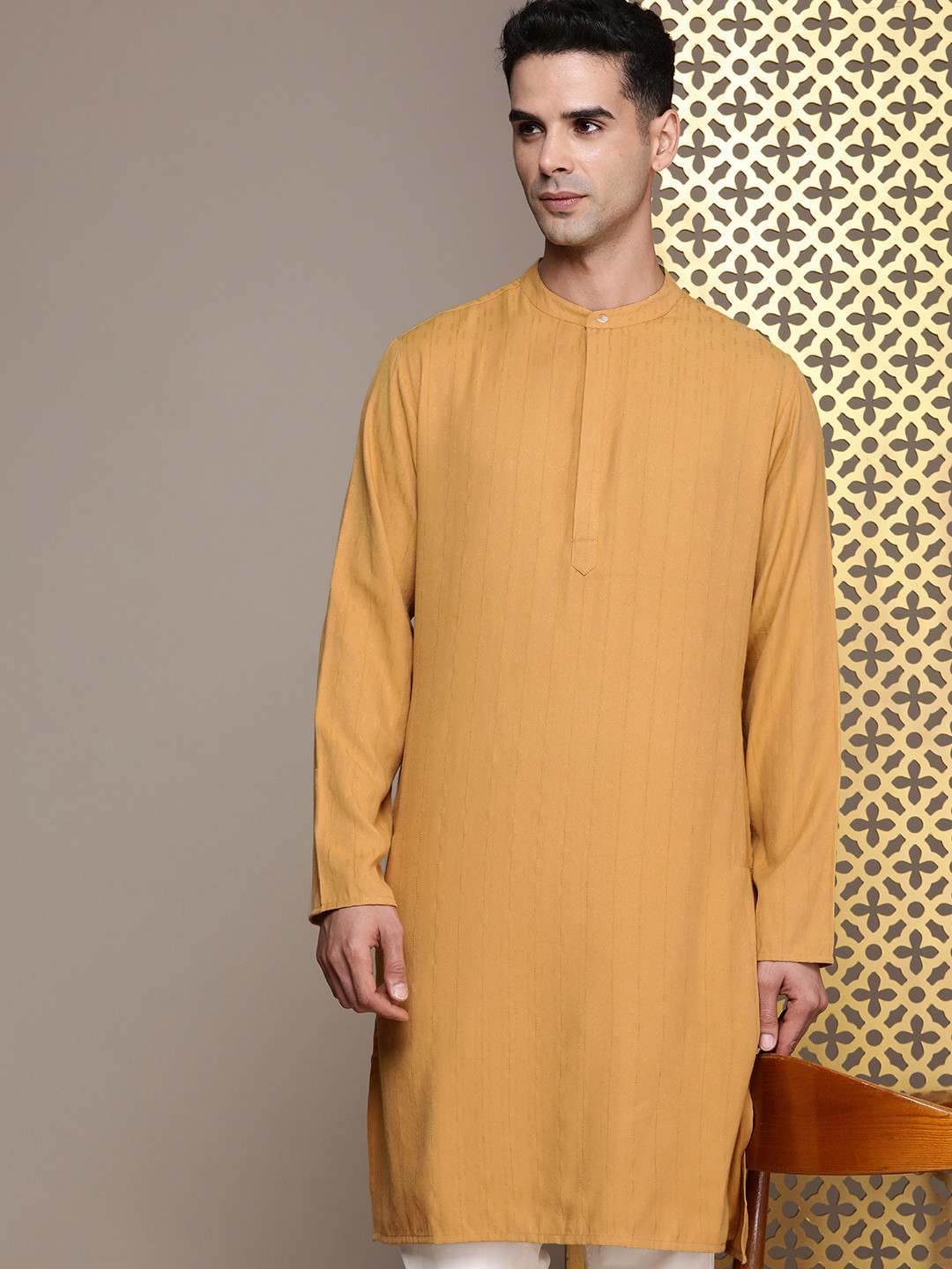 

House of Pataudi Striped Band Collar Rozana Kurta, Mustard