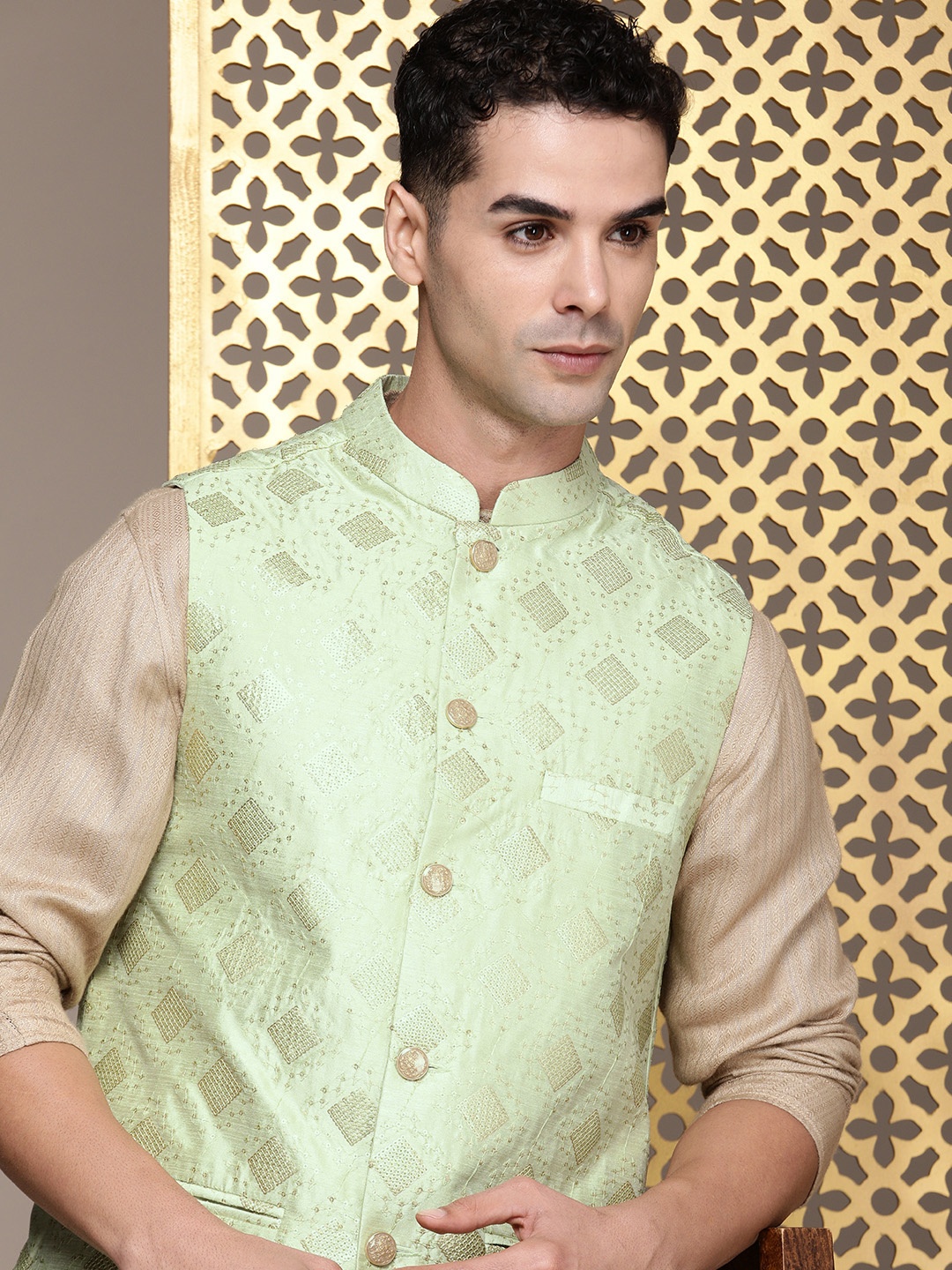 

House Of Pataudi Woven Design Mandarin Collar Riwayat Sequinned Nehru Jacket, Green