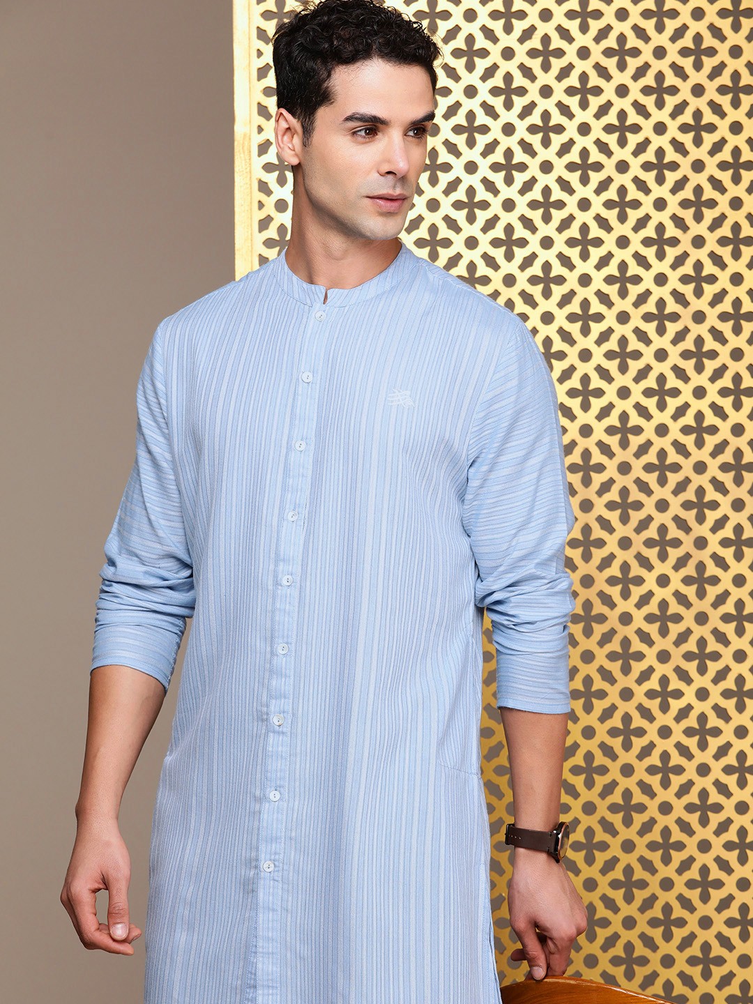 

House of Pataudi Long Sleeves Striped Rozana Kurta, Blue