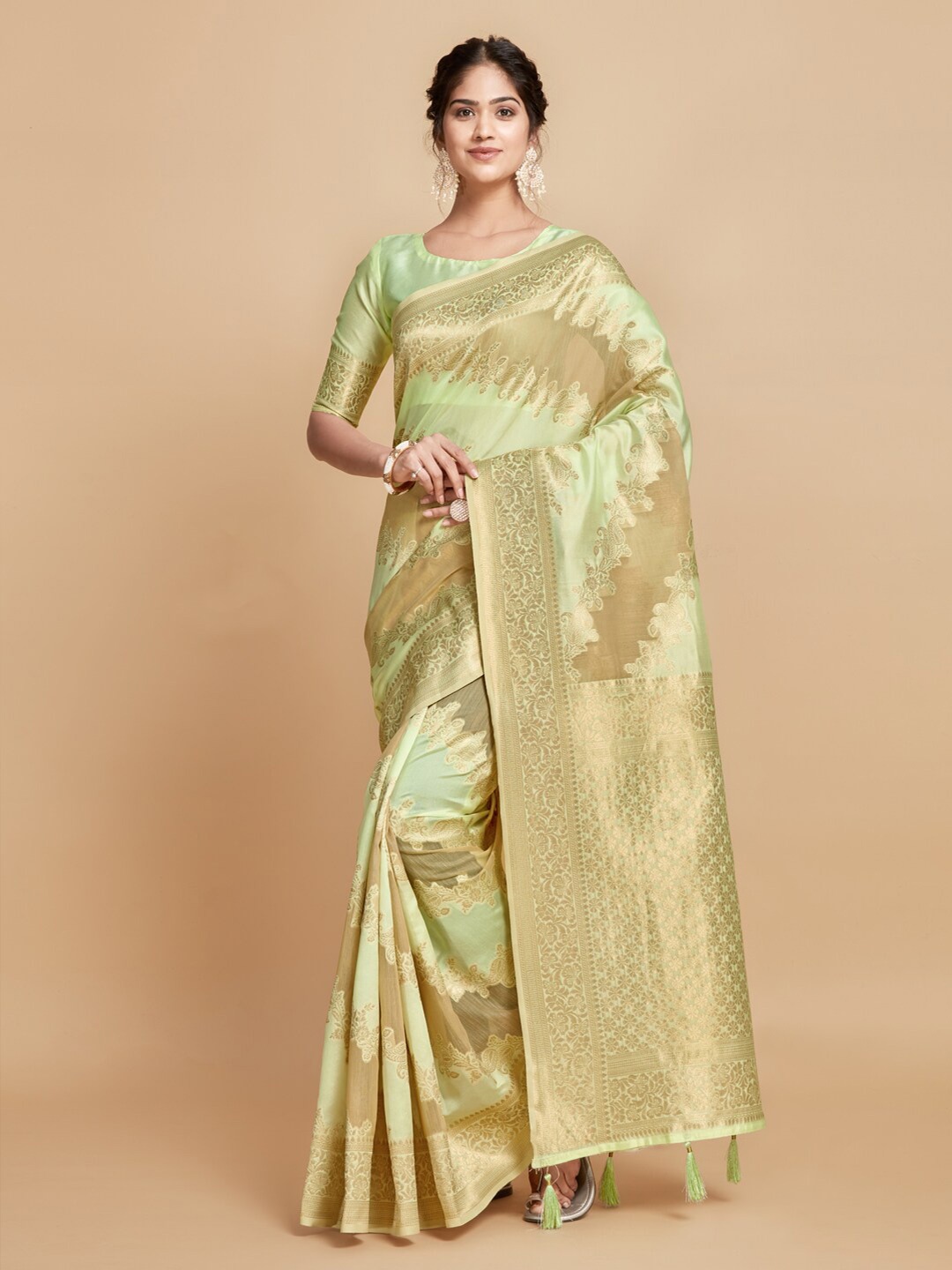 

GAJARAI Woven Design Zari Linen Blend Kanjeevaram Saree, Green