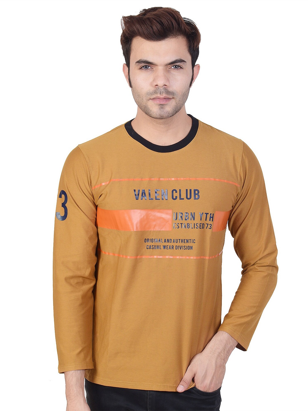 

VALEN CLUB Men Mustard Yellow Typography Printed Pure Cotton T-shirt